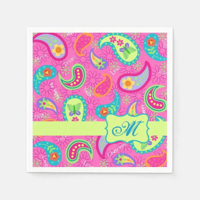 Hot Pink Modern Paisley Monogram Paper Napkins (Front)