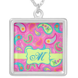 Hot Pink Modern Paisley Pattern Monogram Initial Silver Plated Necklace