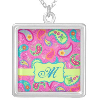 Hot Pink Modern Paisley Pattern Monogram Initial Silver Plated Necklace by phyllisdobbs at Zazzle