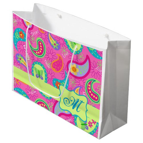 Hot Pink  Modern Paisley Pattern Monogram Table Large Gift Bag