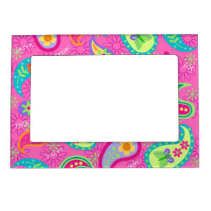 Hot Pink  Modern Paisley Pattern Monogram Table Magnetic Frame