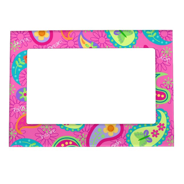Hot Pink  Modern Paisley Pattern Monogram Table Magnetic Frame (Front)