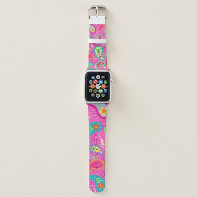 Hot Pink  Modern Paisley Pattern Trendy Apple Watch Band (Front)