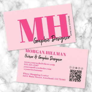 Hot Pink Modern QR Code Monogram Business Card