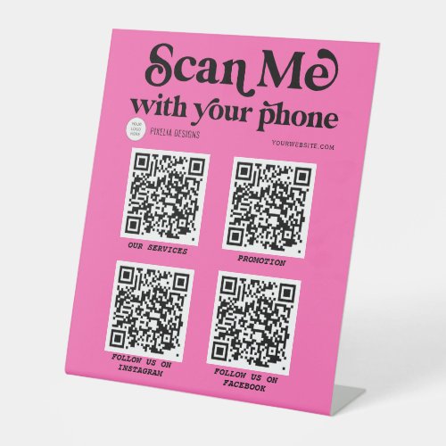 Hot pink Modern QR code networking scannable  Pedestal Sign