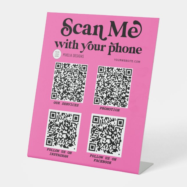 Hot pink Modern QR code networking scannable  Pedestal Sign (Front)