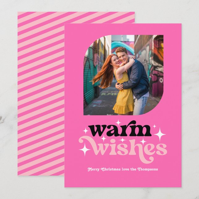 Hot-Pink Modern Retro Christmas Photo Holiday Card (Front/Back)