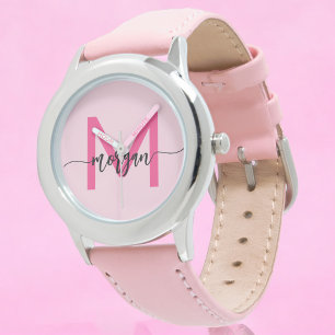 Hot Pink Modern Script Girls Monogram Name Watch