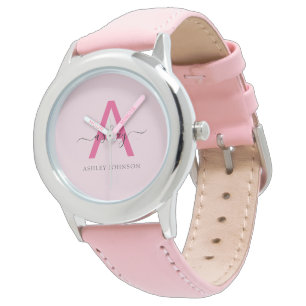 Hot Pink Modern Script Girls Monogram Name Watch