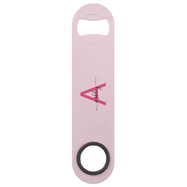 Hot Pink Modern Script Girly Monogram Name Bar Key (Front)