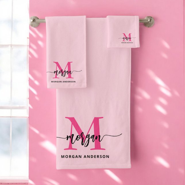 Hot Pink Modern Script Girly Monogram Name Bath Towel Set (Creator Uploaded)