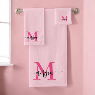 Hot Pink Modern Script Girly Monogram Name Bath Towel Set