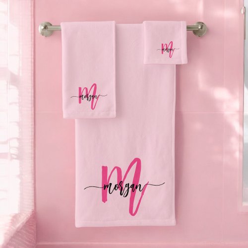 Hot Pink Modern Script Girly Monogram Name Bath Towel Set