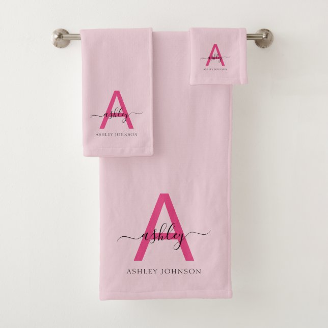 Hot Pink Modern Script Girly Monogram Name Bath Towel Set (Insitu)