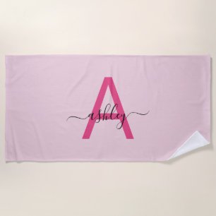 Hot Pink Modern Script Girly Monogram Name Beach Towel