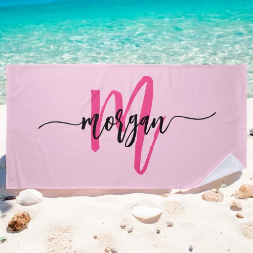 Hot Pink Modern Script Girly Monogram Name Beach Towel