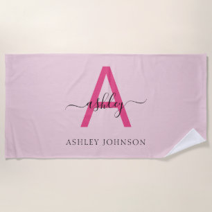 Hot Pink Modern Script Girly Monogram Name Beach Towel