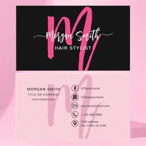 Hot Pink Modern Script Girly Monogram Name Business Card