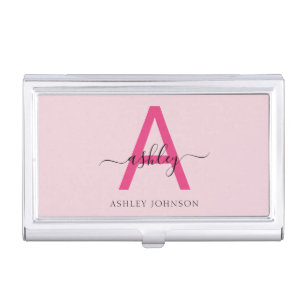 Hot Pink Modern Script Girly Monogram Name Business Card Case