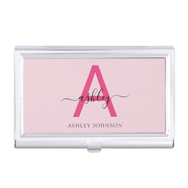 Hot Pink Modern Script Girly Monogram Name Business Card Case (Front)