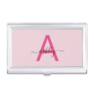Hot Pink Modern Script Girly Monogram Name Business Card Case