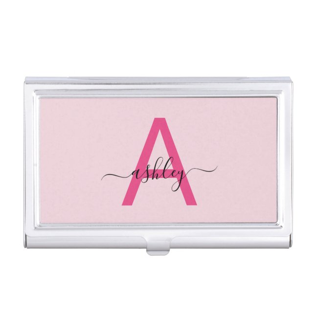 Hot Pink Modern Script Girly Monogram Name Business Card Case (Front)