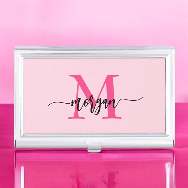 Hot Pink Modern Script Girly Monogram Name Business Card Case (Creator Uploaded)