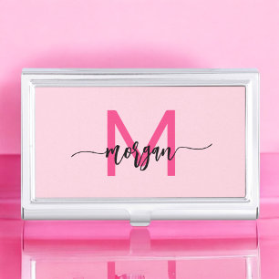 Hot Pink Modern Script Girly Monogram Name Business Card Case