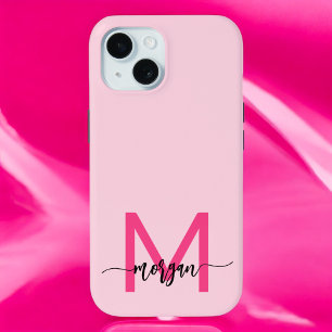 Hot Pink Modern Script Girly Monogram Name iPhone 15 Case