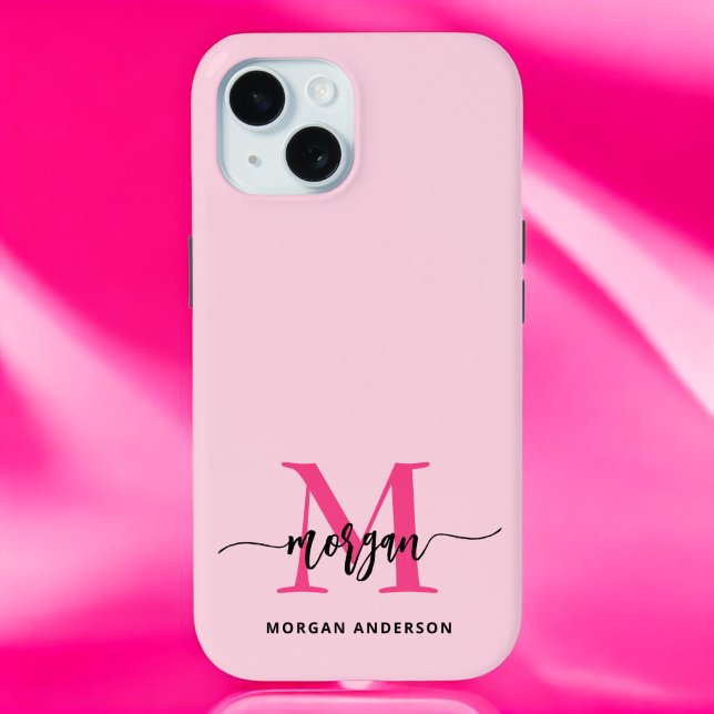 Hot Pink Modern Script Girly Monogram Name Case-Mate iPhone Case (Creator Uploaded)