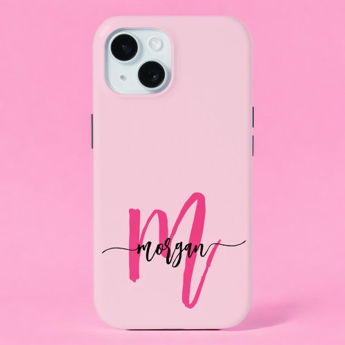 Hot Pink Modern Script Girly Monogram Name iPhone 15 Case