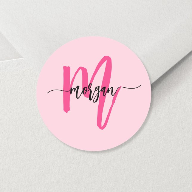 Hot Pink Modern Script Girly Monogram Name Classic Round Sticker (Creator Uploaded)