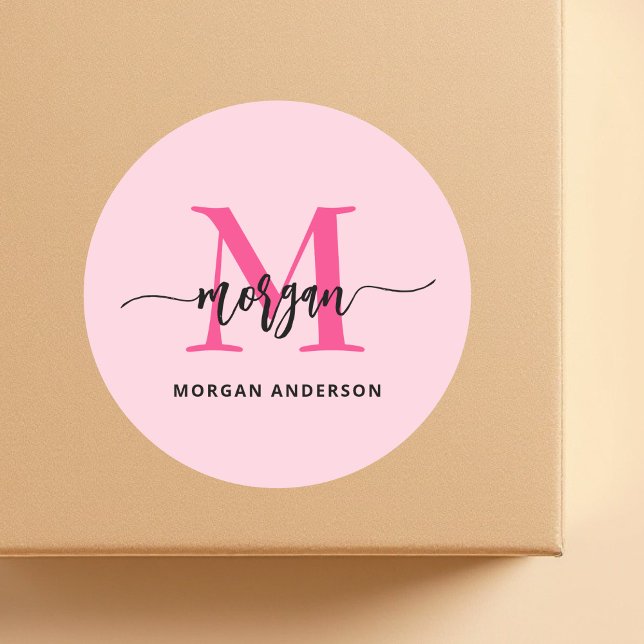 Hot Pink Modern Script Girly Monogram Name Classic Round Sticker (Creator Uploaded)
