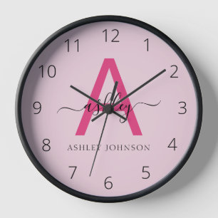 Hot Pink Modern Script Girly Monogram Name Clock