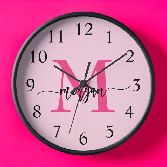 Hot Pink Modern Script Girly Monogram Name  Clock (Creator Uploaded)