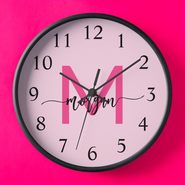 Hot Pink Modern Script Girly Monogram Name  Clock (Creator Uploaded)