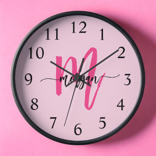 Hot Pink Modern Script Girly Monogram Name Clock
