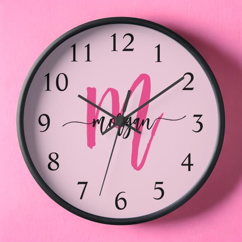 Hot Pink Modern Script Girly Monogram Name  Clock