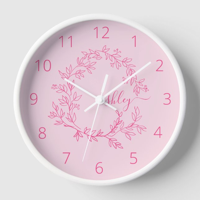 Hot Pink Modern Script Girly Monogram Name Clock (Front)