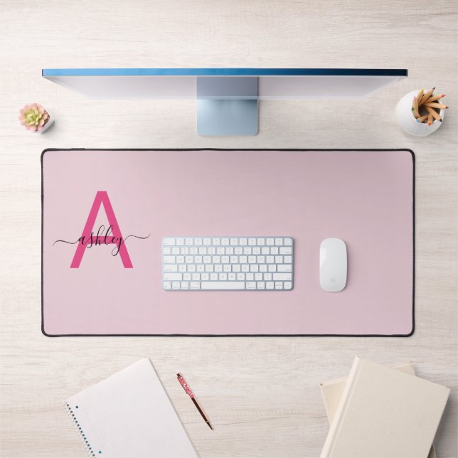 Hot Pink Modern Script Girly Monogram Name Desk Mat (Office 1)