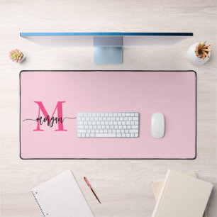 Hot Pink Modern Script Girly Monogram Name Desk Mat