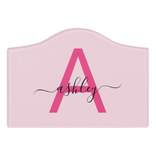 Hot Pink Modern Script Girly Monogram Name Door Sign