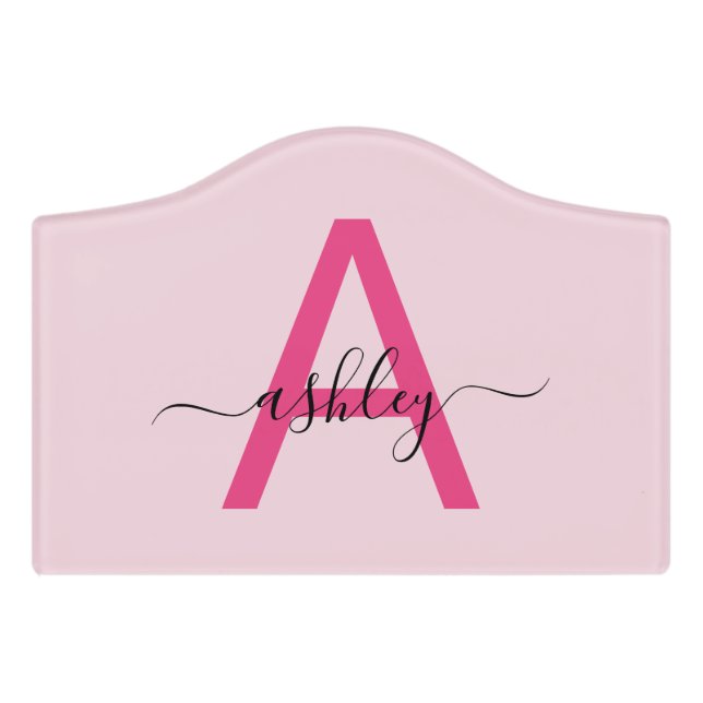 Hot Pink Modern Script Girly Monogram Name Door Sign (Small Crest Front)