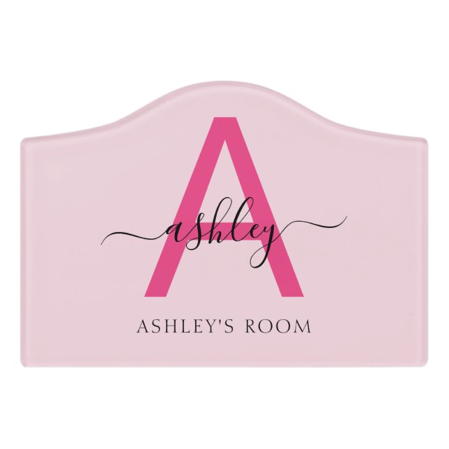 Hot Pink Modern Script Girly Monogram Name Door Sign (Small Crest Front)