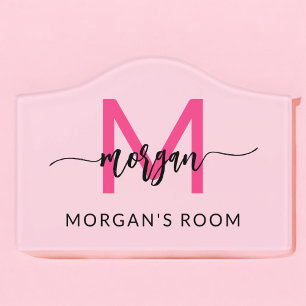 Hot Pink Modern Script Girly Monogram Name Door Sign
