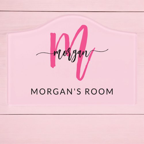 Hot Pink Modern Script Girly Monogram Name Door Sign