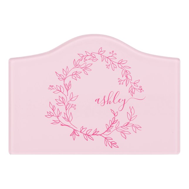 Hot Pink Modern Script Girly Monogram Name Door Sign (Small Crest Front)