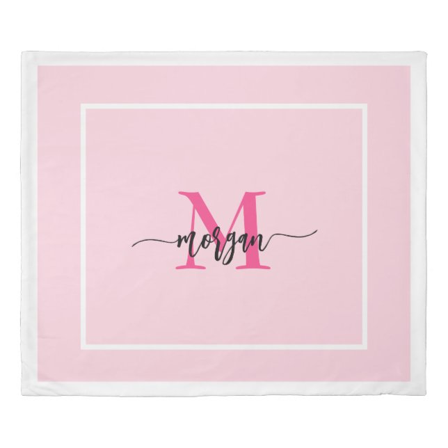 Hot Pink Modern Script Girly Monogram Name Duvet Cover (Front)