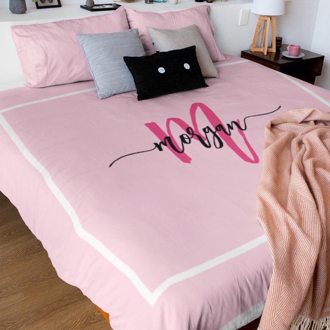 Hot Pink Modern Script Girly Monogram Name Duvet Cover (Creator Uploaded)