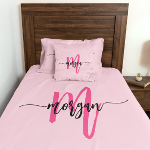 Hot Pink Modern Script Girly Monogram Name Duvet Cover